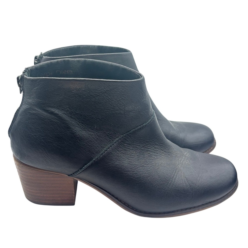 TOMS Leila Black Leather Ankle Booties Carpe Diem Back Tassel Zip Block Heel 9.5